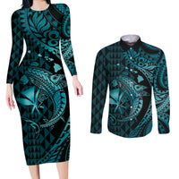 Aloha Hawaii Hammerhead Shark Couples Matching Long Sleeve Bodycon Dress and Long Sleeve Button Shirt Turquoise Kakau and Polynesian Tattoo LT03