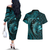 Aloha Hawaii Hammerhead Shark Couples Matching Off The Shoulder Long Sleeve Dress and Hawaiian Shirt Turquoise Kakau and Polynesian Tattoo LT03