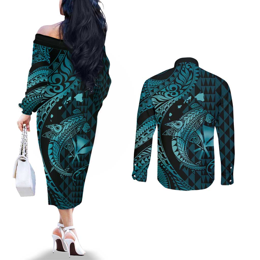 Aloha Hawaii Hammerhead Shark Couples Matching Off The Shoulder Long Sleeve Dress and Long Sleeve Button Shirt Turquoise Kakau and Polynesian Tattoo LT03