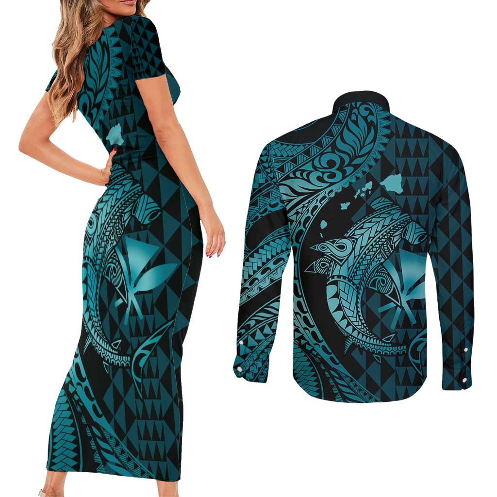 Aloha Hawaii Hammerhead Shark Couples Matching Short Sleeve Bodycon Dress and Long Sleeve Button Shirt Turquoise Kakau and Polynesian Tattoo LT03