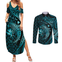 Aloha Hawaii Hammerhead Shark Couples Matching Summer Maxi Dress and Long Sleeve Button Shirt Turquoise Kakau and Polynesian Tattoo LT03