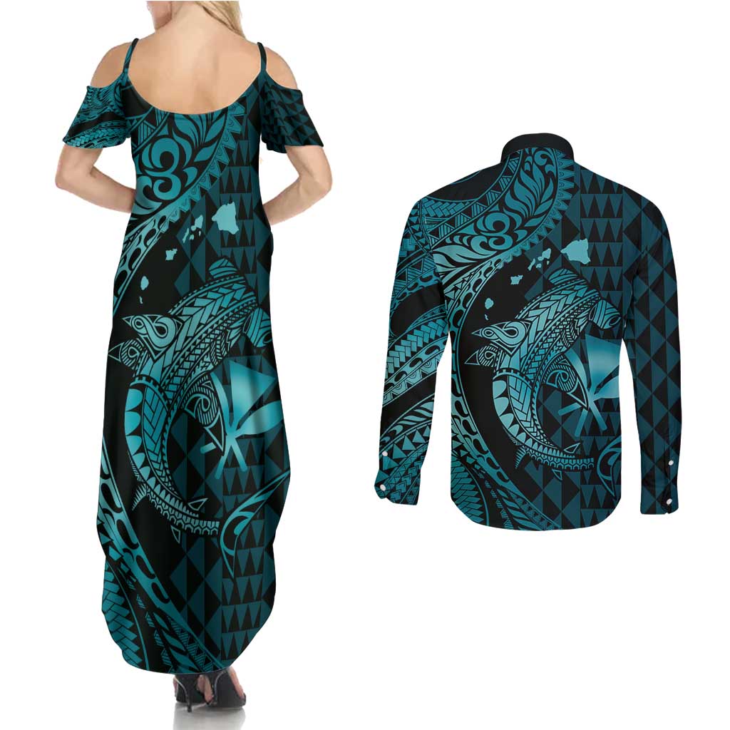 Aloha Hawaii Hammerhead Shark Couples Matching Summer Maxi Dress and Long Sleeve Button Shirt Turquoise Kakau and Polynesian Tattoo LT03