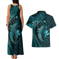 Aloha Hawaii Hammerhead Shark Couples Matching Tank Maxi Dress and Hawaiian Shirt Turquoise Kakau and Polynesian Tattoo LT03