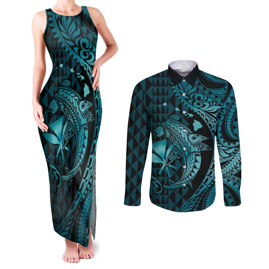 Aloha Hawaii Hammerhead Shark Couples Matching Tank Maxi Dress and Long Sleeve Button Shirt Turquoise Kakau and Polynesian Tattoo LT03