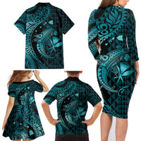 Aloha Hawaii Hammerhead Shark Family Matching Long Sleeve Bodycon Dress and Hawaiian Shirt Turquoise Kakau and Polynesian Tattoo LT03 - Polynesian Pride