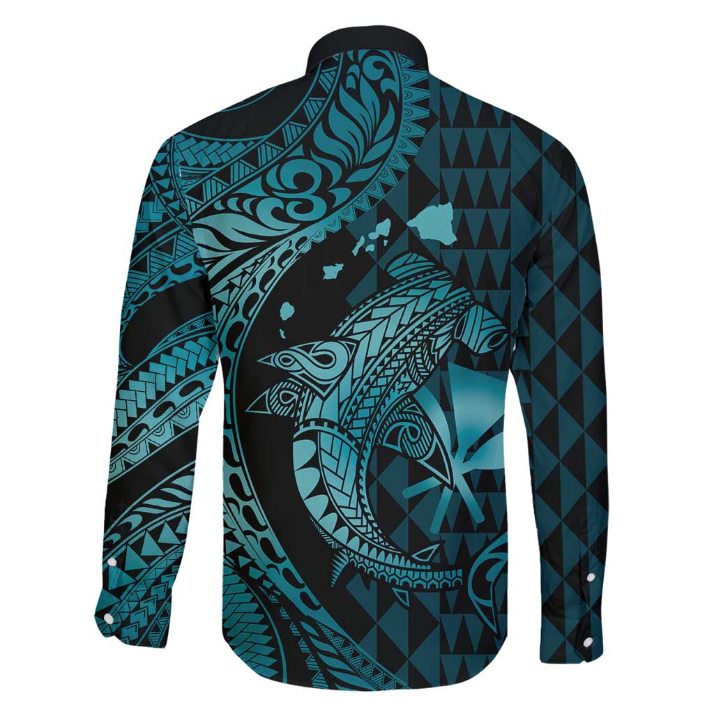 Aloha Hawaii Hammerhead Shark Family Matching Long Sleeve Bodycon Dress and Hawaiian Shirt Turquoise Kakau and Polynesian Tattoo LT03 - Polynesian Pride