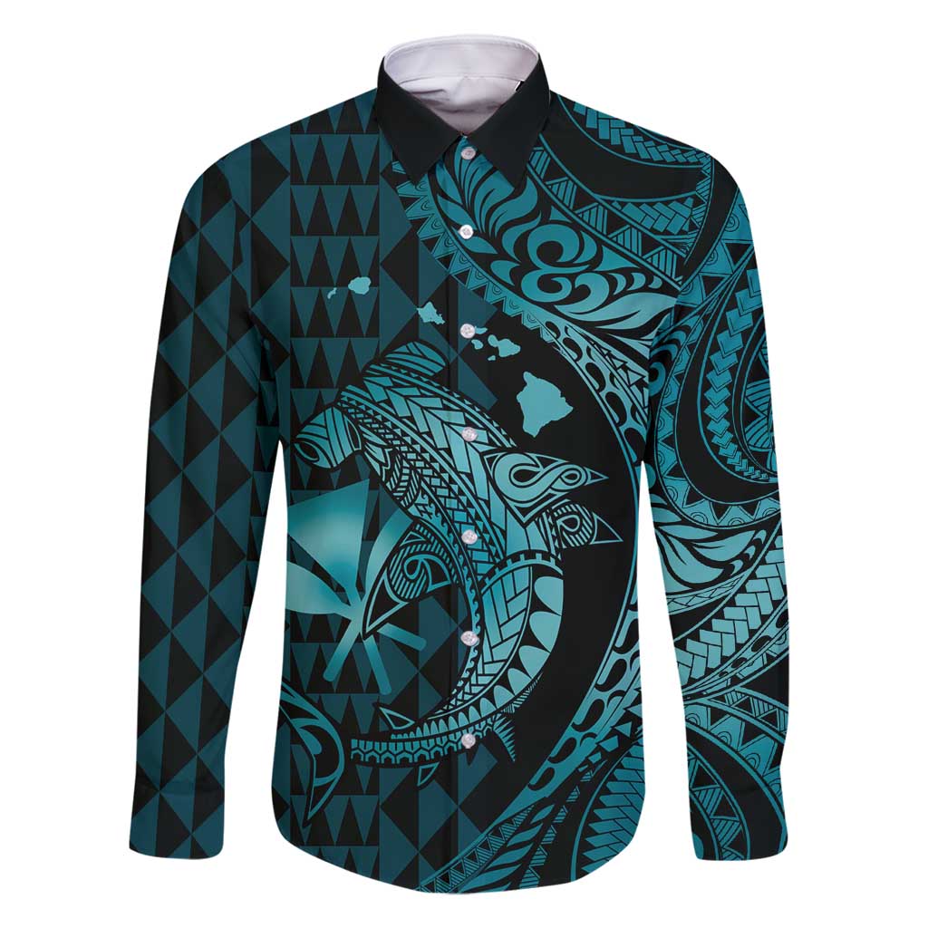 Aloha Hawaii Hammerhead Shark Family Matching Mermaid Dress and Hawaiian Shirt Turquoise Kakau and Polynesian Tattoo LT03