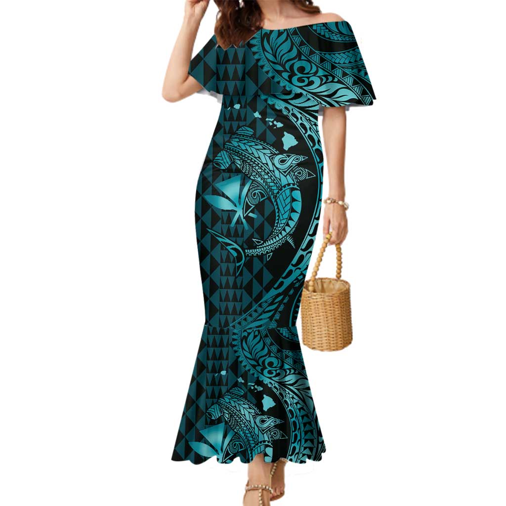 Aloha Hawaii Hammerhead Shark Family Matching Mermaid Dress and Hawaiian Shirt Turquoise Kakau and Polynesian Tattoo LT03