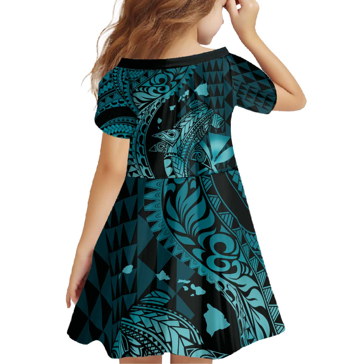 Aloha Hawaii Hammerhead Shark Family Matching Off The Shoulder Long Sleeve Dress and Hawaiian Shirt Turquoise Kakau and Polynesian Tattoo LT03