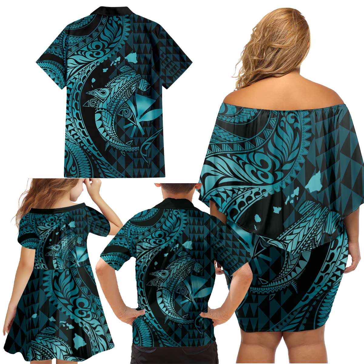 Aloha Hawaii Hammerhead Shark Family Matching Off Shoulder Short Dress and Hawaiian Shirt Turquoise Kakau and Polynesian Tattoo LT03