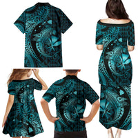 Aloha Hawaii Hammerhead Shark Family Matching Puletasi and Hawaiian Shirt Turquoise Kakau and Polynesian Tattoo LT03