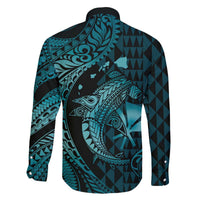 Aloha Hawaii Hammerhead Shark Family Matching Puletasi and Hawaiian Shirt Turquoise Kakau and Polynesian Tattoo LT03
