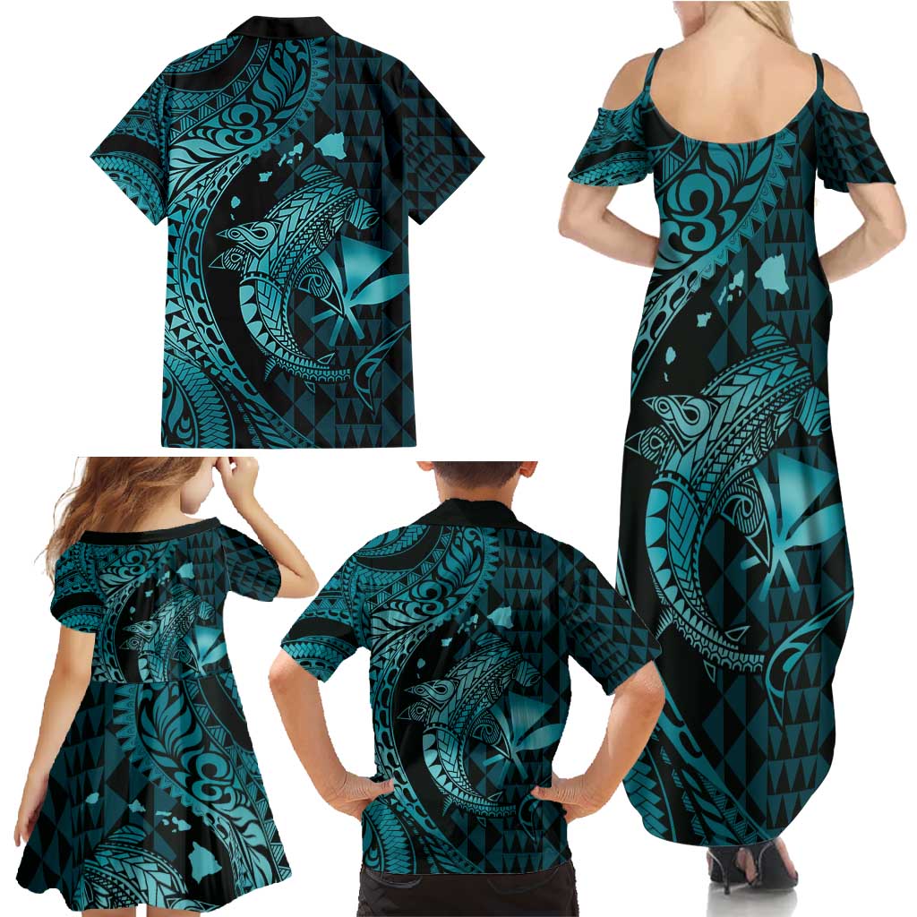 Aloha Hawaii Hammerhead Shark Family Matching Summer Maxi Dress and Hawaiian Shirt Turquoise Kakau and Polynesian Tattoo LT03