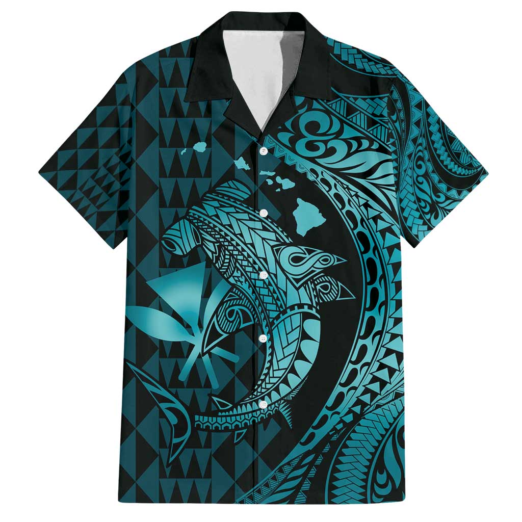 Aloha Hawaii Hammerhead Shark Family Matching Summer Maxi Dress and Hawaiian Shirt Turquoise Kakau and Polynesian Tattoo LT03