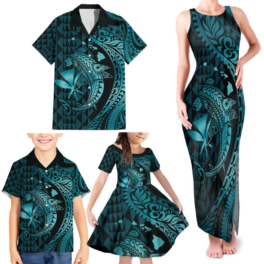 Aloha Hawaii Hammerhead Shark Family Matching Tank Maxi Dress and Hawaiian Shirt Turquoise Kakau and Polynesian Tattoo LT03