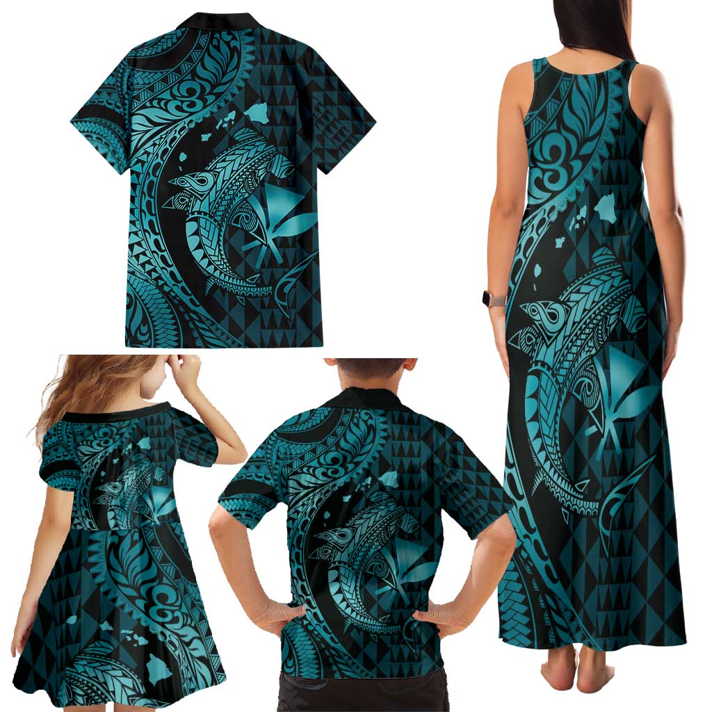 Aloha Hawaii Hammerhead Shark Family Matching Tank Maxi Dress and Hawaiian Shirt Turquoise Kakau and Polynesian Tattoo LT03