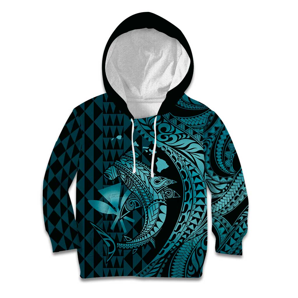 Aloha Hawaii Hammerhead Shark Kid Hoodie Turquoise Kakau and Polynesian Tattoo LT03