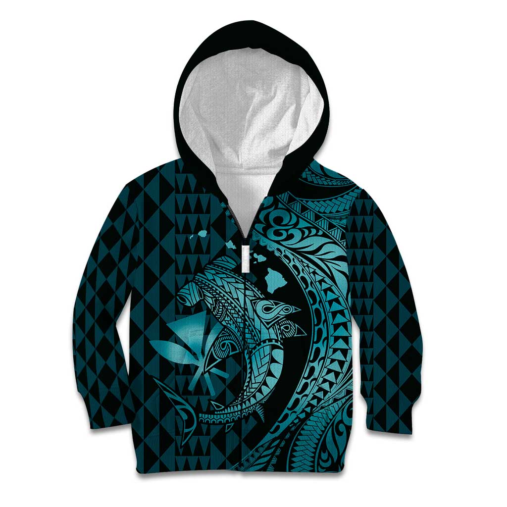 Aloha Hawaii Hammerhead Shark Kid Hoodie Turquoise Kakau and Polynesian Tattoo LT03