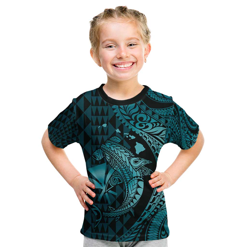 Aloha Hawaii Hammerhead Shark Kid T Shirt Turquoise Kakau and Polynesian Tattoo LT03 Turquoise - Polynesian Pride