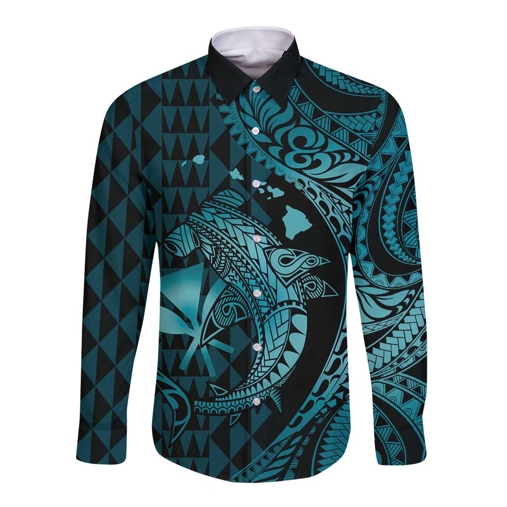 Aloha Hawaii Hammerhead Shark Long Sleeve Button Shirt Turquoise Kakau and Polynesian Tattoo LT03 Unisex Turquoise - Polynesian Pride