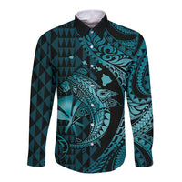Aloha Hawaii Hammerhead Shark Long Sleeve Button Shirt Turquoise Kakau and Polynesian Tattoo LT03 Unisex Turquoise - Polynesian Pride