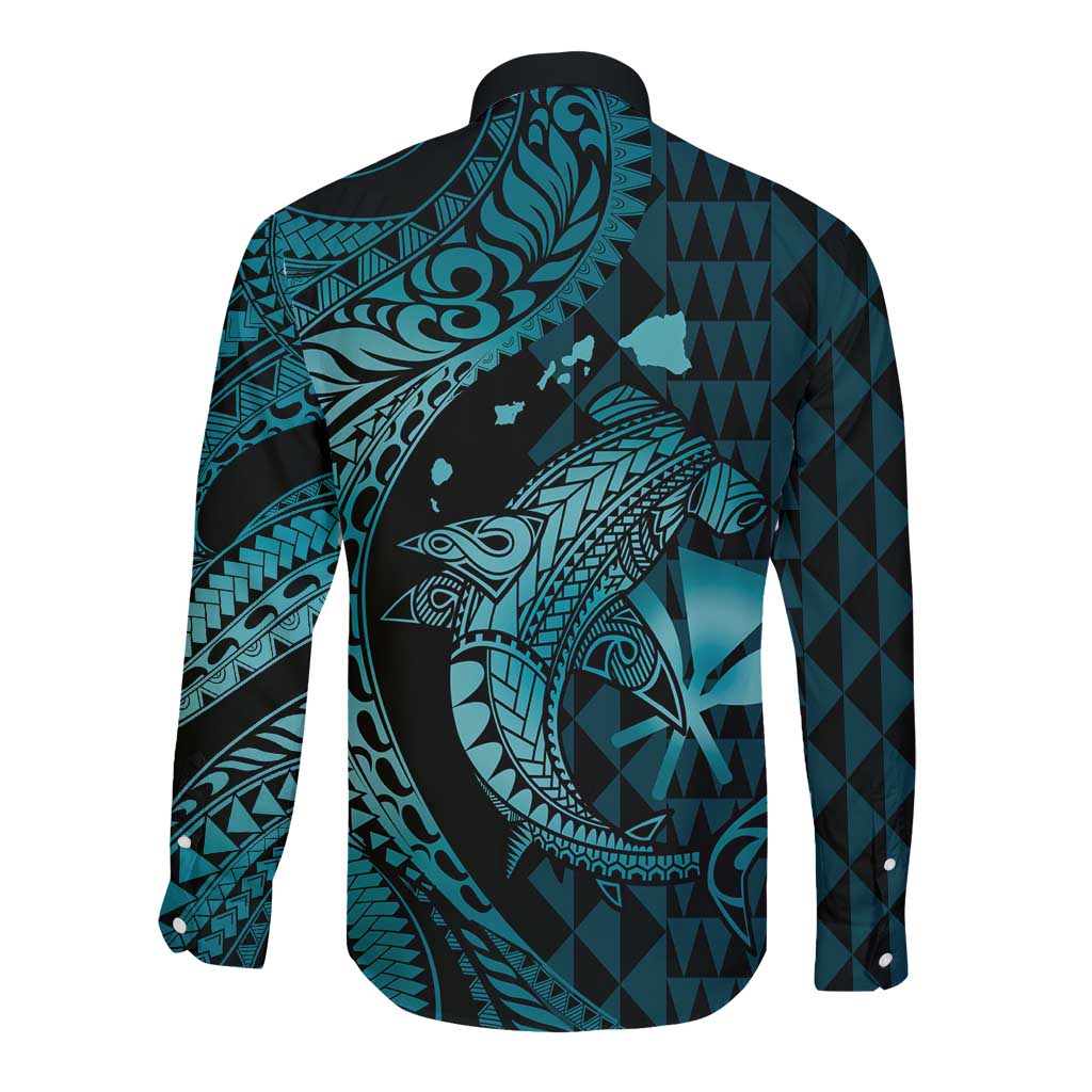 Aloha Hawaii Hammerhead Shark Long Sleeve Button Shirt Turquoise Kakau and Polynesian Tattoo LT03 - Polynesian Pride