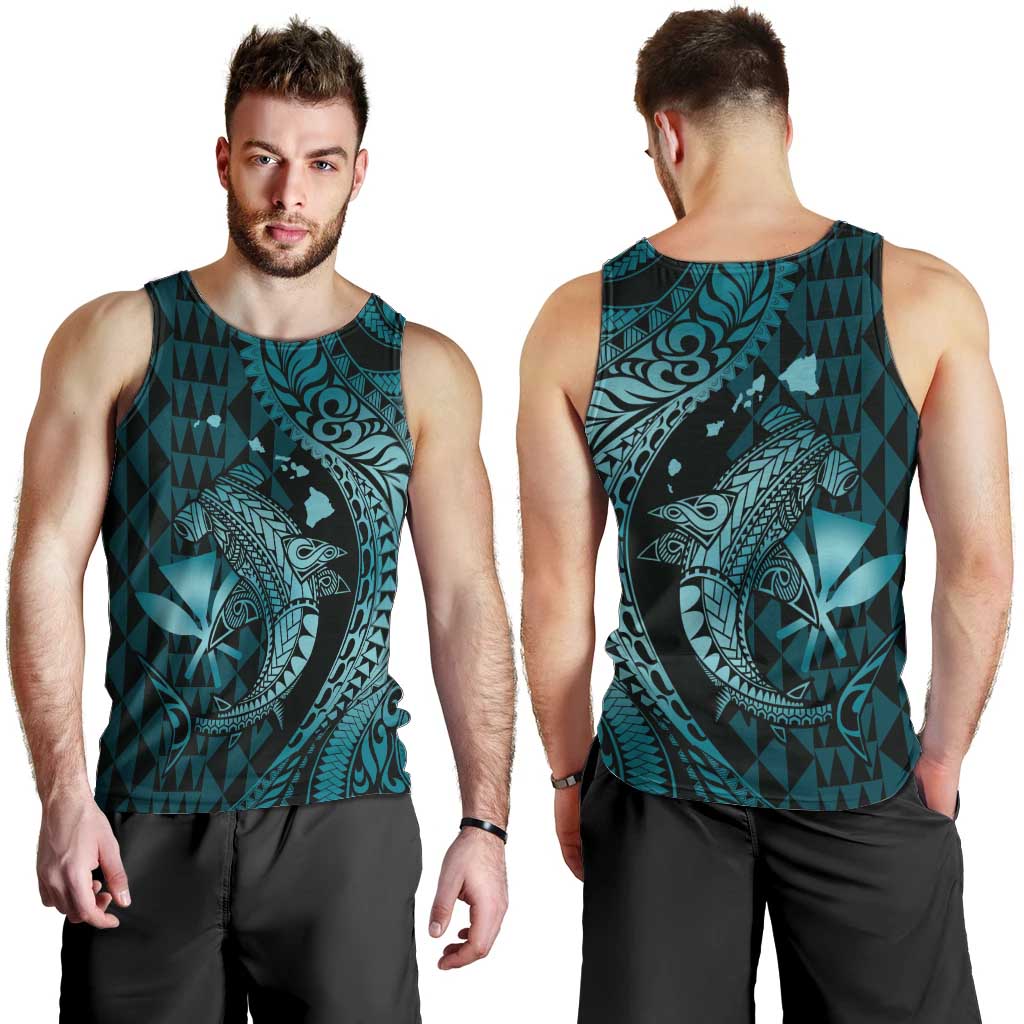 Aloha Hawaii Hammerhead Shark Men Tank Top Turquoise Kakau and Polynesian Tattoo LT03