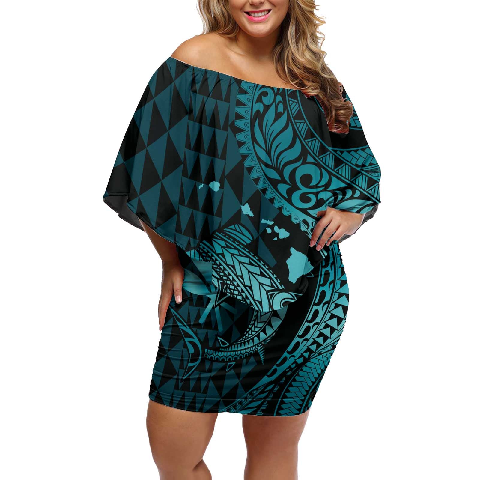 Aloha Hawaii Hammerhead Shark Off Shoulder Short Dress Turquoise Kakau and Polynesian Tattoo LT03