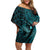 Aloha Hawaii Hammerhead Shark Off Shoulder Short Dress Turquoise Kakau and Polynesian Tattoo LT03