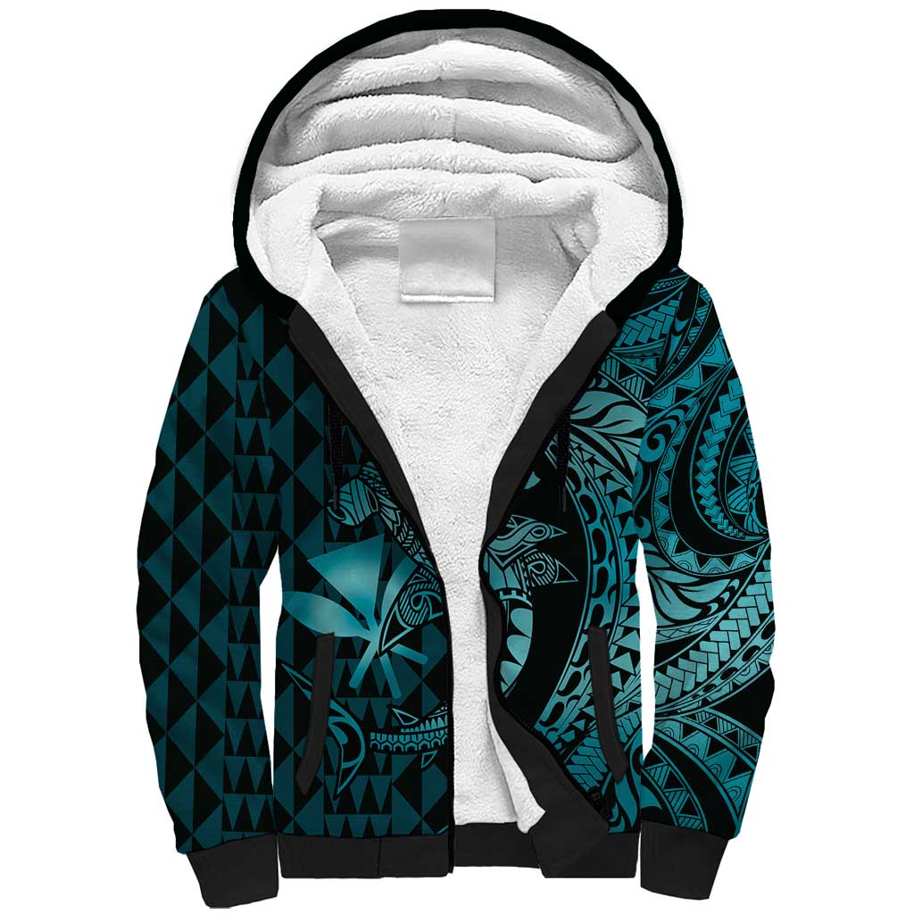 Aloha Hawaii Hammerhead Shark Sherpa Hoodie Turquoise Kakau and Polynesian Tattoo LT03