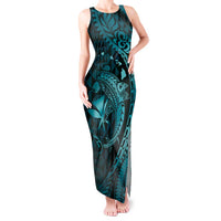 Aloha Hawaii Hammerhead Shark Tank Maxi Dress Turquoise Kakau and Polynesian Tattoo LT03