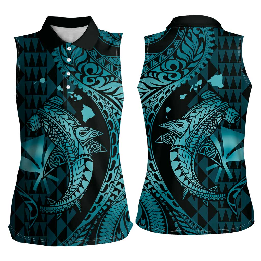 Aloha Hawaii Hammerhead Shark Women Sleeveless Polo Shirt Turquoise Kakau and Polynesian Tattoo LT03 - Polynesian Pride