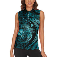Aloha Hawaii Hammerhead Shark Women Sleeveless Polo Shirt Turquoise Kakau and Polynesian Tattoo LT03 - Polynesian Pride