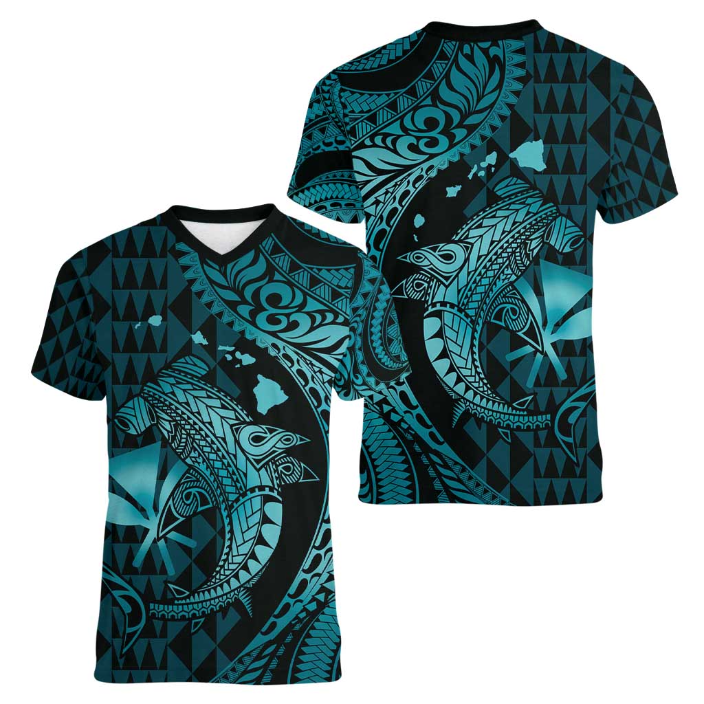 Aloha Hawaii Hammerhead Shark Women V-Neck T-Shirt Turquoise Kakau and Polynesian Tattoo LT03 - Polynesian Pride