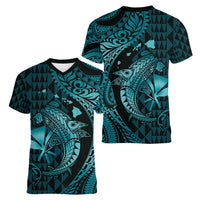 Aloha Hawaii Hammerhead Shark Women V-Neck T-Shirt Turquoise Kakau and Polynesian Tattoo LT03 - Polynesian Pride