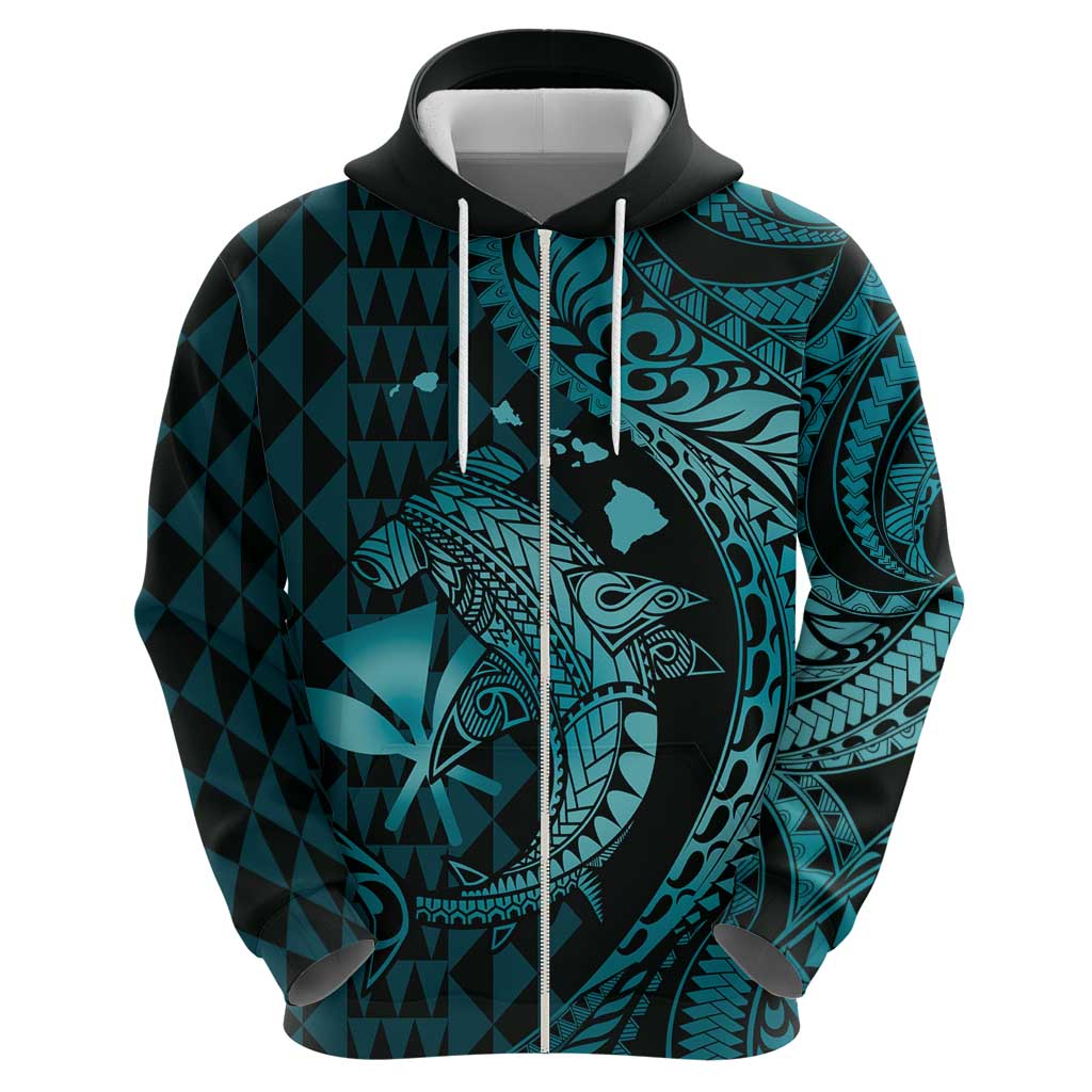 Aloha Hawaii Hammerhead Shark Zip Hoodie Turquoise Kakau and Polynesian Tattoo LT03