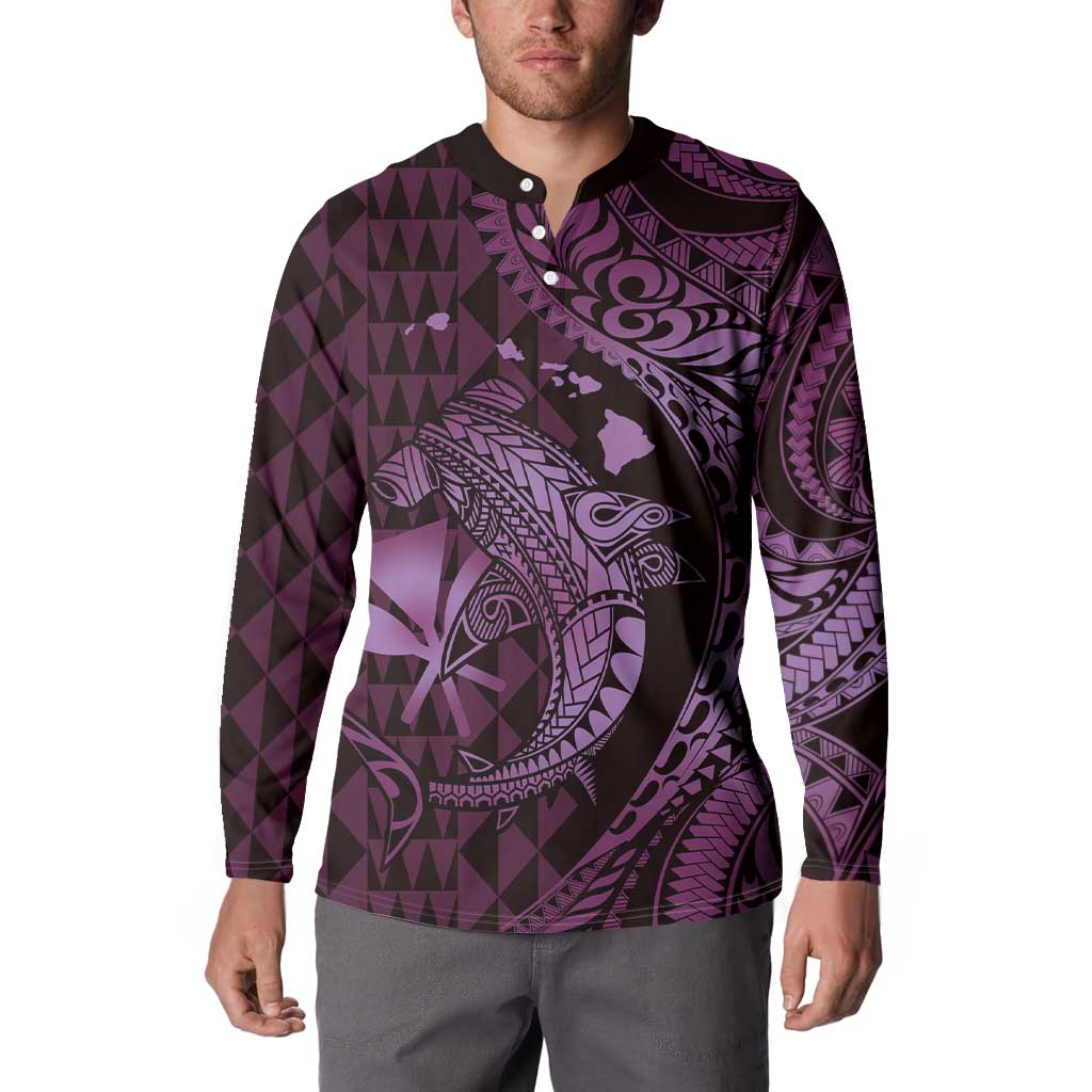 Aloha Hawaii Hammerhead Shark Button Sweatshirt Purple Kakau and Polynesian Tattoo LT03