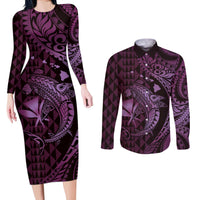 Aloha Hawaii Hammerhead Shark Couples Matching Long Sleeve Bodycon Dress and Long Sleeve Button Shirt Purple Kakau and Polynesian Tattoo LT03
