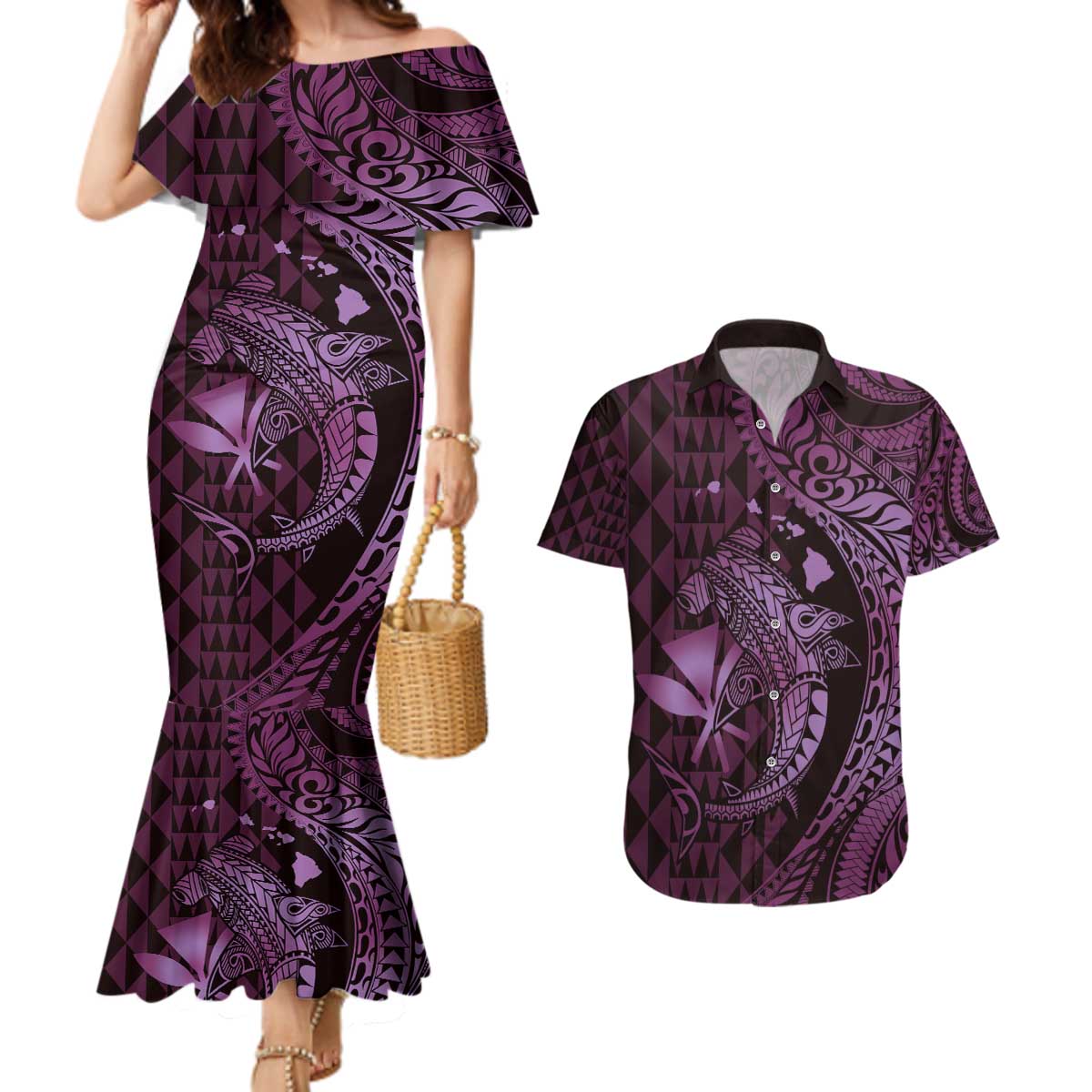 Aloha Hawaii Hammerhead Shark Couples Matching Mermaid Dress and Hawaiian Shirt Purple Kakau and Polynesian Tattoo LT03