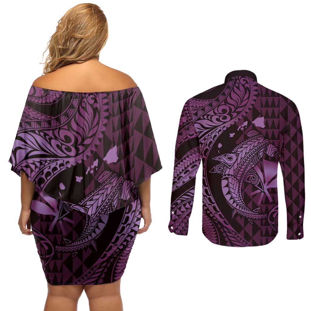 Aloha Hawaii Hammerhead Shark Couples Matching Off Shoulder Short Dress and Long Sleeve Button Shirt Purple Kakau and Polynesian Tattoo LT03
