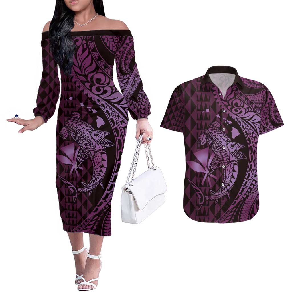 Aloha Hawaii Hammerhead Shark Couples Matching Off The Shoulder Long Sleeve Dress and Hawaiian Shirt Purple Kakau and Polynesian Tattoo LT03