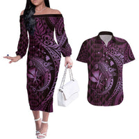 Aloha Hawaii Hammerhead Shark Couples Matching Off The Shoulder Long Sleeve Dress and Hawaiian Shirt Purple Kakau and Polynesian Tattoo LT03