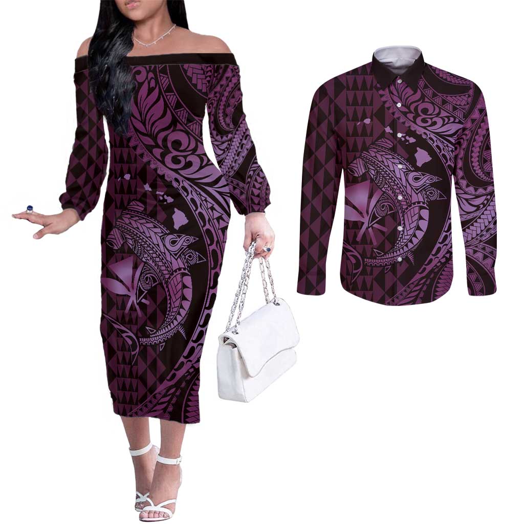 Aloha Hawaii Hammerhead Shark Couples Matching Off The Shoulder Long Sleeve Dress and Long Sleeve Button Shirt Purple Kakau and Polynesian Tattoo LT03