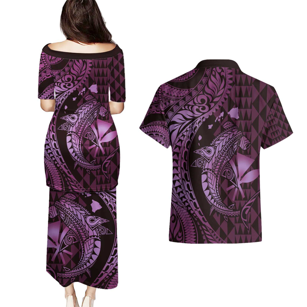 Aloha Hawaii Hammerhead Shark Couples Matching Puletasi and Hawaiian Shirt Purple Kakau and Polynesian Tattoo LT03 - Polynesian Pride