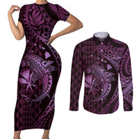 Aloha Hawaii Hammerhead Shark Couples Matching Short Sleeve Bodycon Dress and Long Sleeve Button Shirt Purple Kakau and Polynesian Tattoo LT03