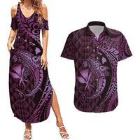 Aloha Hawaii Hammerhead Shark Couples Matching Summer Maxi Dress and Hawaiian Shirt Purple Kakau and Polynesian Tattoo LT03