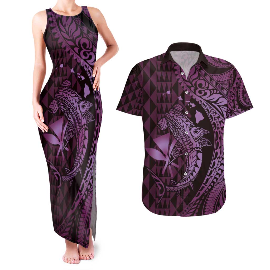 Aloha Hawaii Hammerhead Shark Couples Matching Tank Maxi Dress and Hawaiian Shirt Purple Kakau and Polynesian Tattoo LT03