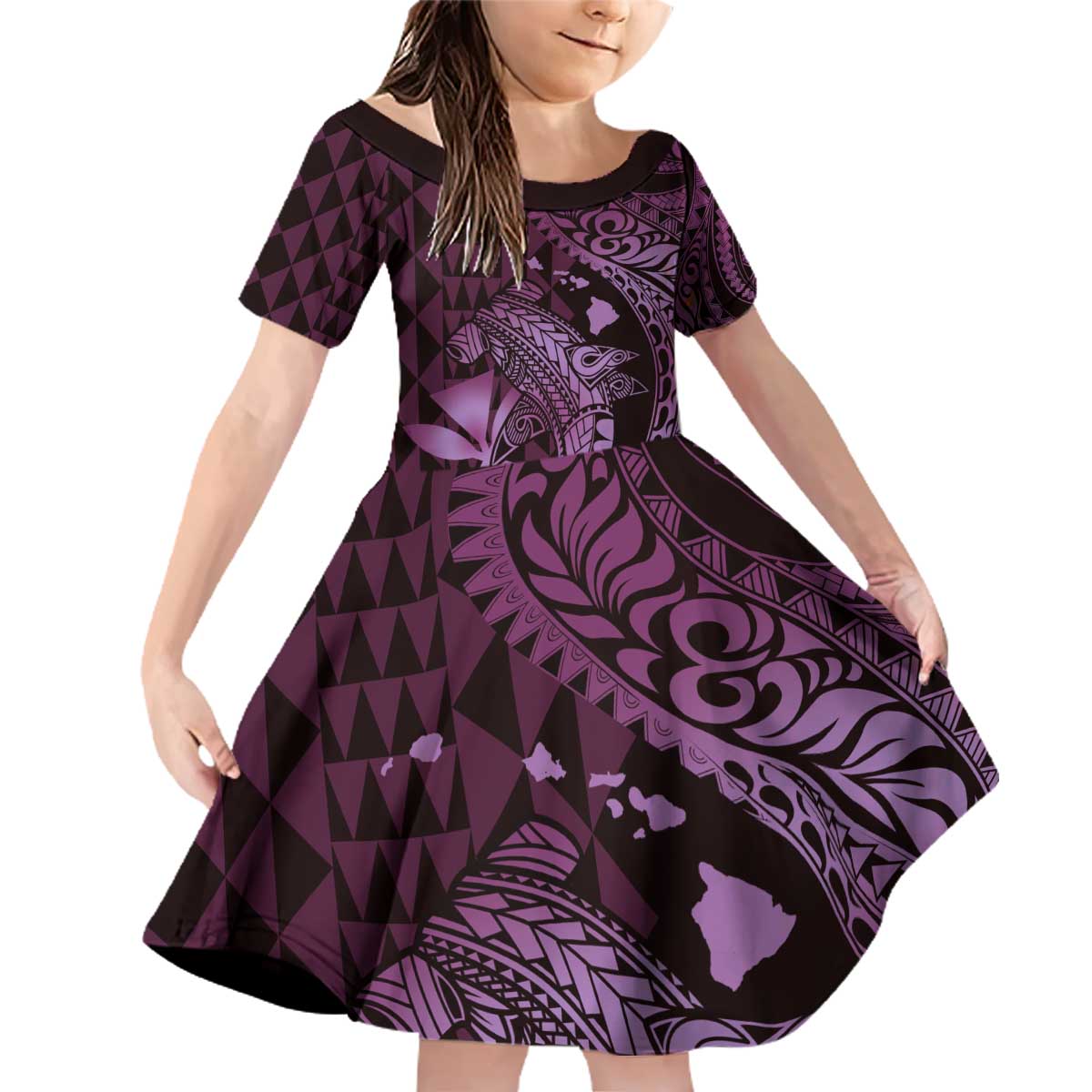Aloha Hawaii Hammerhead Shark Family Matching Off Shoulder Short Dress and Hawaiian Shirt Purple Kakau and Polynesian Tattoo LT03 Daughter's Dress Purple - Polynesian Pride
