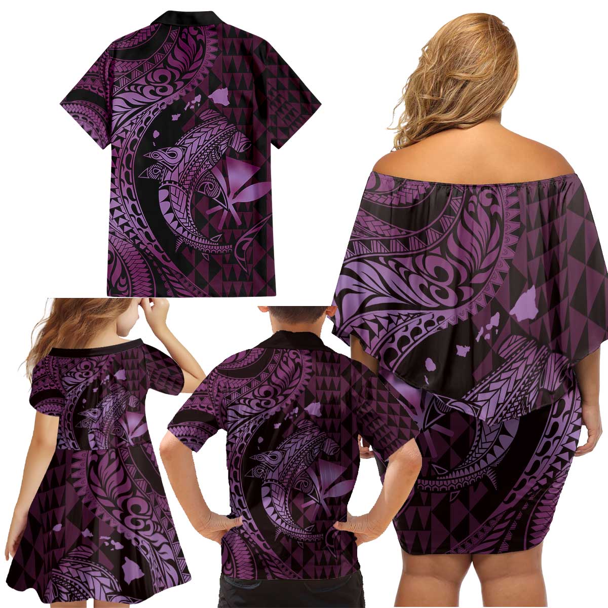Aloha Hawaii Hammerhead Shark Family Matching Off Shoulder Short Dress and Hawaiian Shirt Purple Kakau and Polynesian Tattoo LT03 - Polynesian Pride