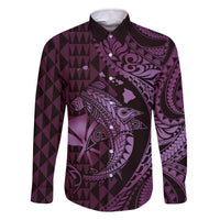 Aloha Hawaii Hammerhead Shark Family Matching Off Shoulder Short Dress and Hawaiian Shirt Purple Kakau and Polynesian Tattoo LT03 Dad's Shirt - Long Sleeve Purple - Polynesian Pride